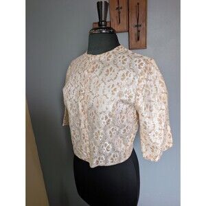 Vintage 60s Cream & Gold Lace Cropped Jacket, Lightweight Formal Bridal Jacket